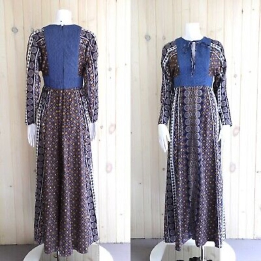 WARM. Denim quilted print maxi dress Long sleeve